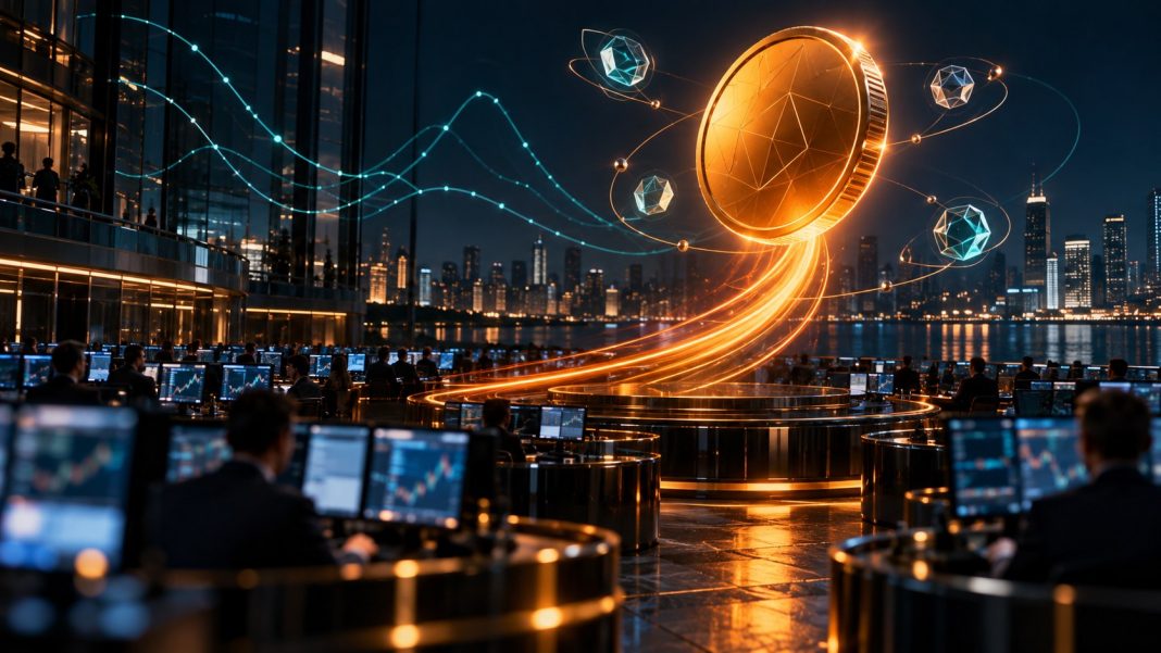 Binance Research’s October Themes: Bitcoin Momentum, Real Yields and Tokenized Equities Binance Research October 2026: an abstract trading floor at night with a large glowing orange bitcoin-like coin silhouette rising on a light trail, bond yield