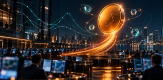 Binance Research’s October Themes: Bitcoin Momentum, Real Yields and Tokenized Equities Binance Research October 2026: an abstract trading floor at night with a large glowing orange bitcoin-like coin silhouette rising on a light trail, bond yield
