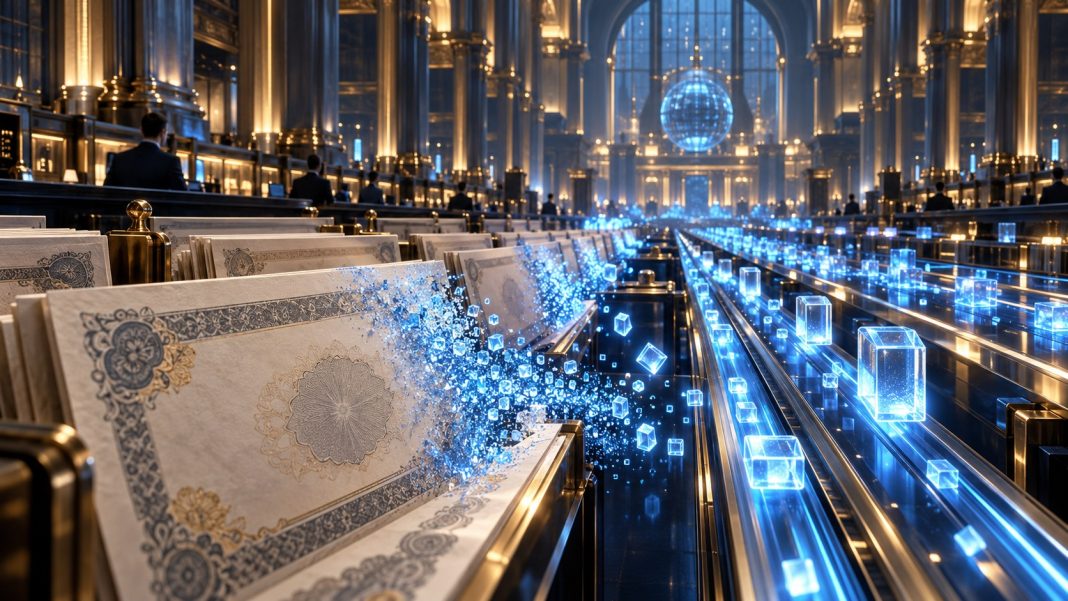 DTCC Tokenization Goes Live: Wall Street’s Settlement Rails Move On-Chain DTCC tokenization: a vast futuristic securities settlement hall where rows of classic paper stock certificates dissolve into glowing blue digital tokens