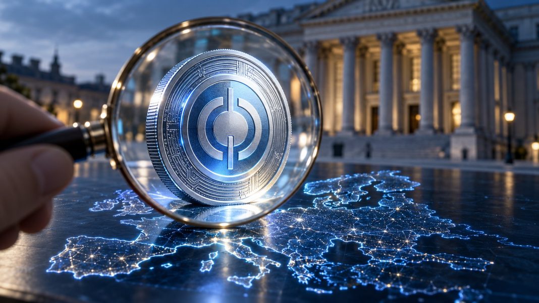 USDC significant e-money token: a large glowing digital coin with a subtle dollar-like circular emblem placed under a magnifying lens held over a European map