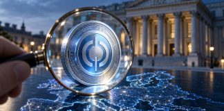 EBA Names USDC the EU’s First ‘Significant’ E-Money Token Under MiCA USDC significant e-money token: a large glowing digital coin with a subtle dollar-like circular emblem placed under a magnifying lens held over a European map
