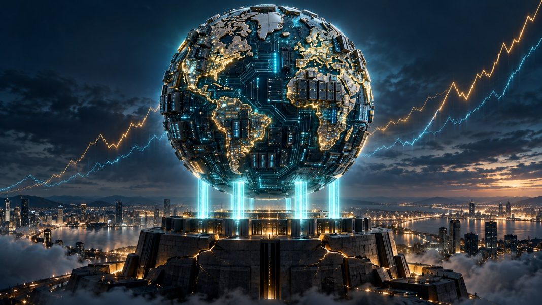 IMF AI investment: a glowing world globe made of circuit boards and data center racks being held up by luminous pillars of light, with financial chart lines