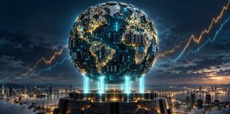 IMF: AI Investment Is Propping Up Global Growth, but Resilience Is Reaching Its Limits IMF AI investment: a glowing world globe made of circuit boards and data center racks being held up by luminous pillars of light, with financial chart lines