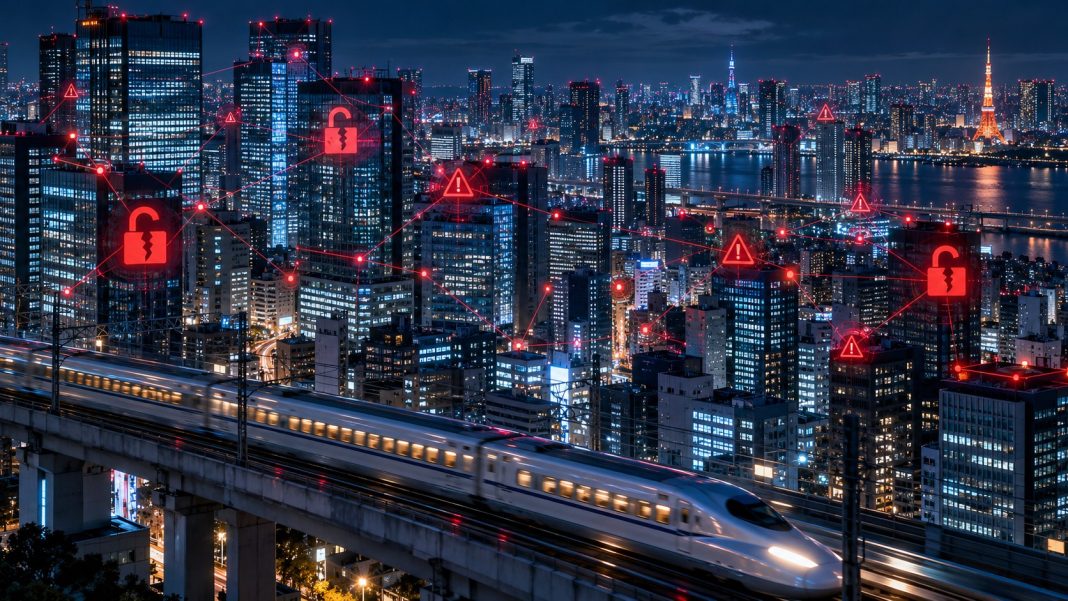 Japan Declares a Cyber State of Emergency as Ransomware Wave Exposes Millions Japan cybersecurity emergency: night skyline of a dense Asian metropolis with a bullet train passing, digital red warning signals and broken padlock icons