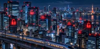 Japan Declares a Cyber State of Emergency as Ransomware Wave Exposes Millions Japan cybersecurity emergency: night skyline of a dense Asian metropolis with a bullet train passing, digital red warning signals and broken padlock icons