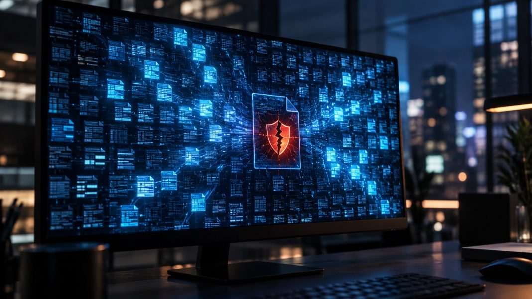 Workstation monitor showing a grid of glowing blue patch blocks around a cracked red security shield, illustrating Microsoft's record October 2026 Patch Tuesday