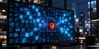 Microsoft’s Record October Patch Tuesday Fixes 1,413 Flaws, Including an Exploited Windows Zero-Day Workstation monitor showing a grid of glowing blue patch blocks around a cracked red security shield, illustrating Microsoft's record October 2026 Patch Tuesday
